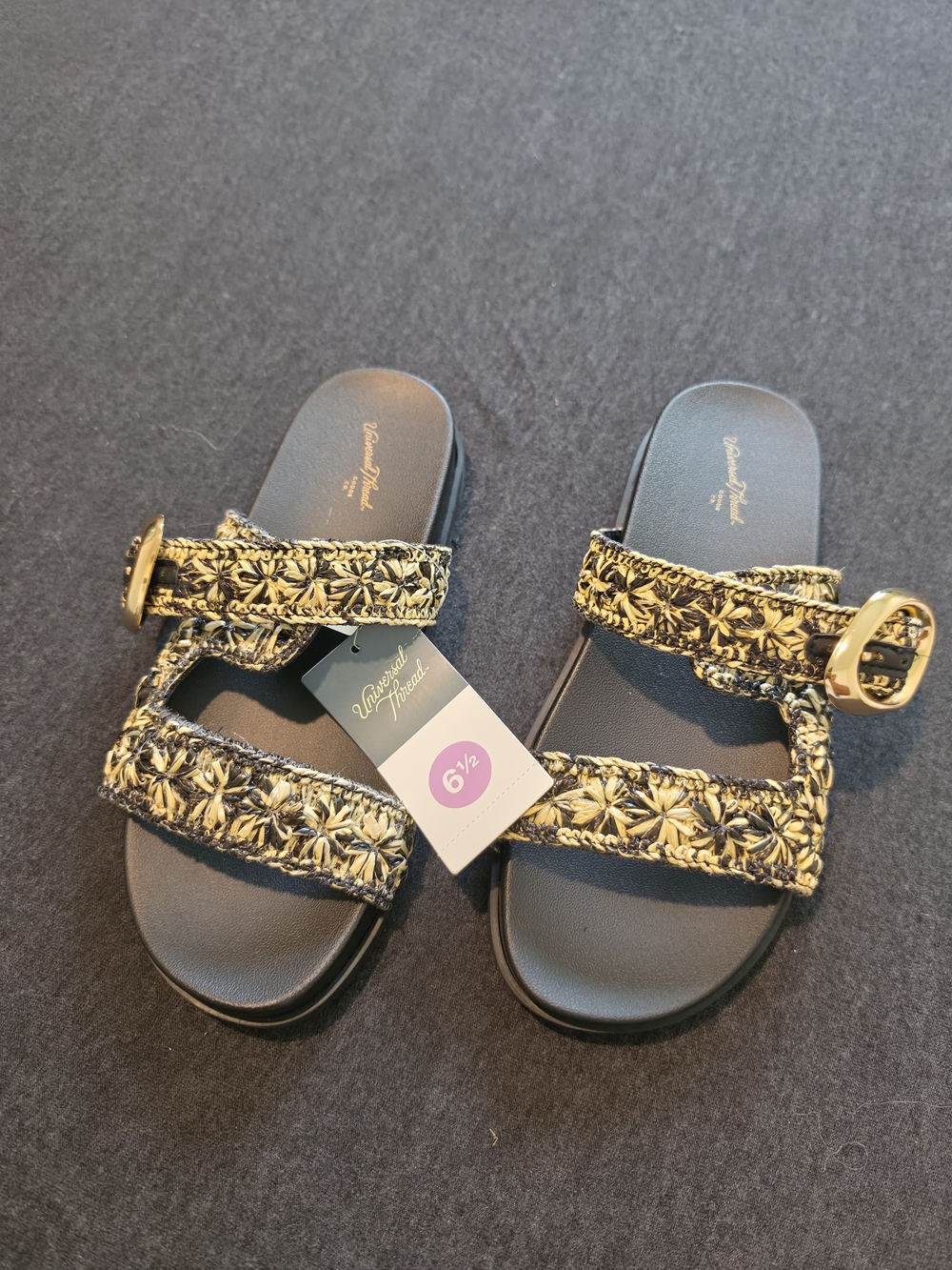 Universal Thread Black and Gold Braided Buckle Slide Sandals